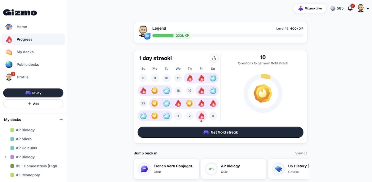 Gizmo app interface showcasing gamified learning features