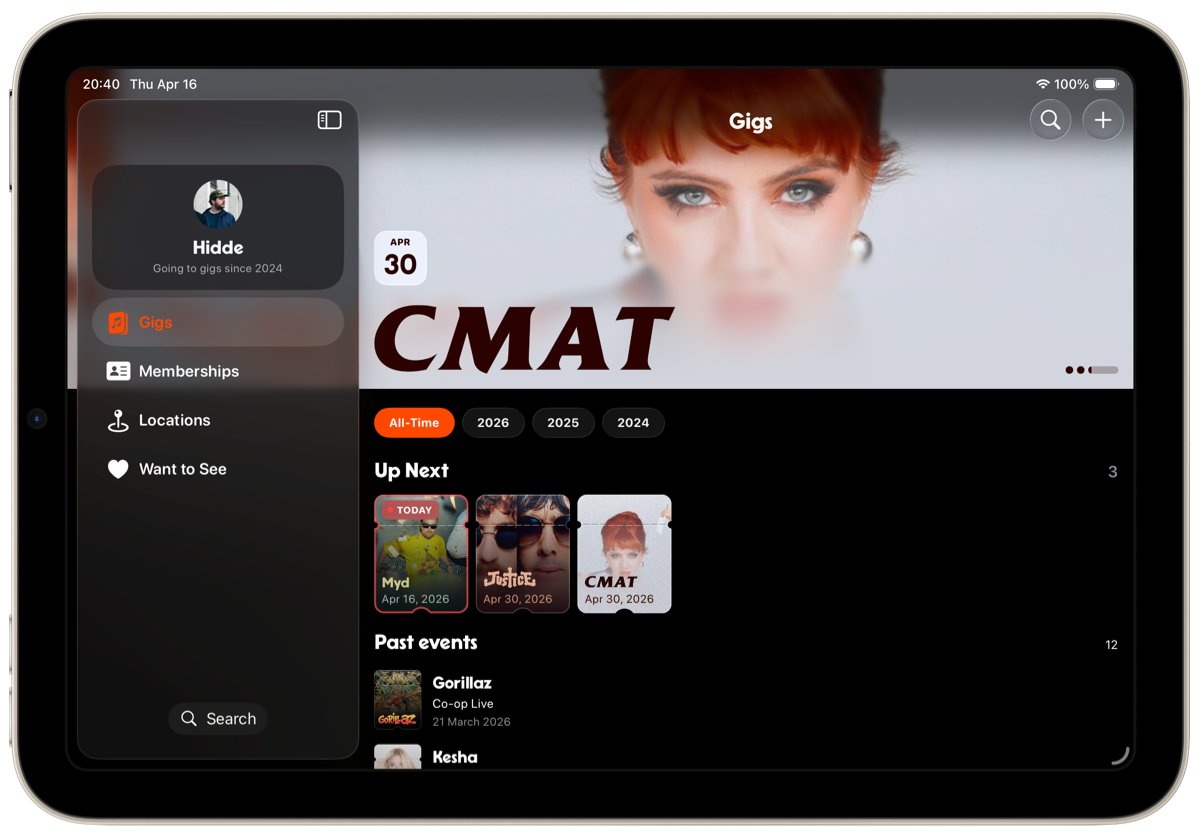 Screenshot showing Gigs app interface with concert tracking features