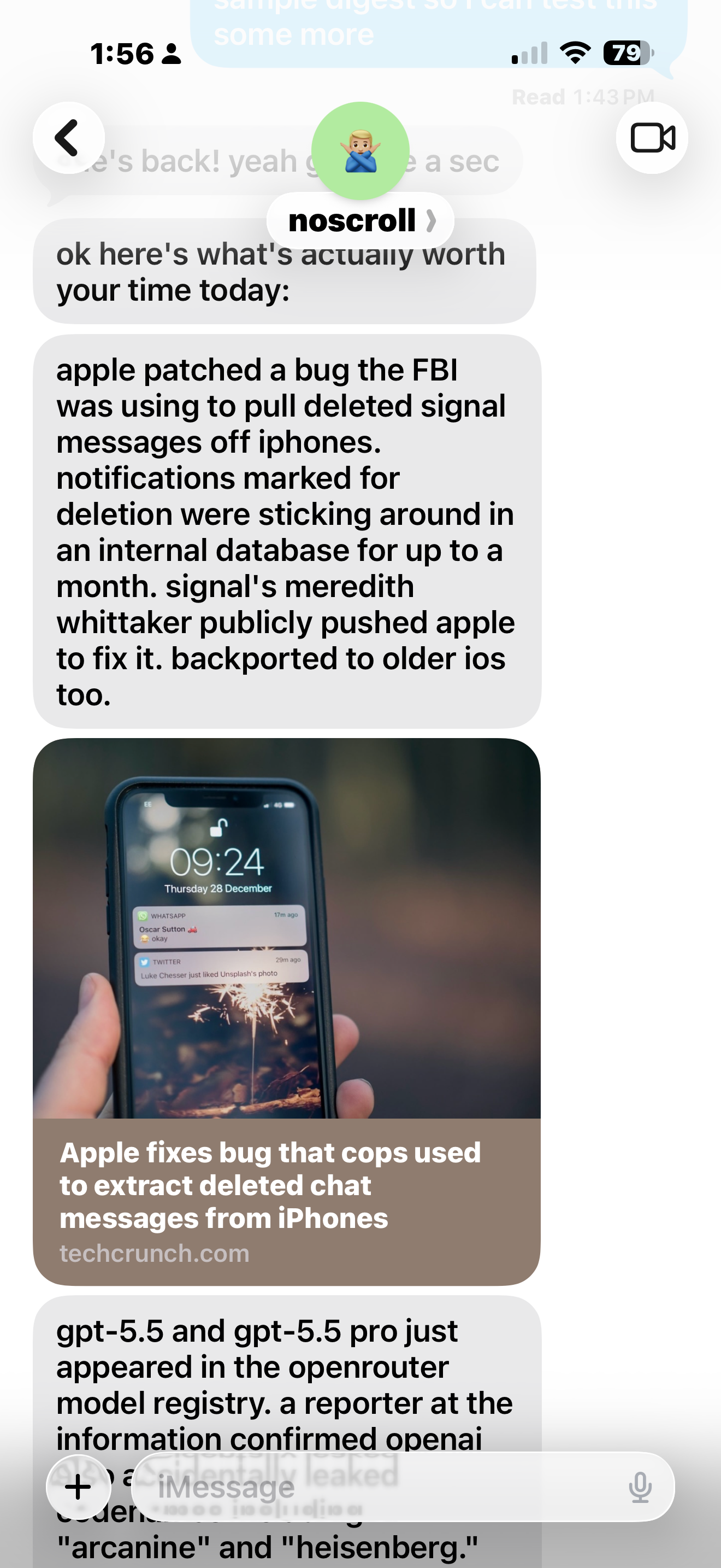 Noscroll app interface showing curated news digest
