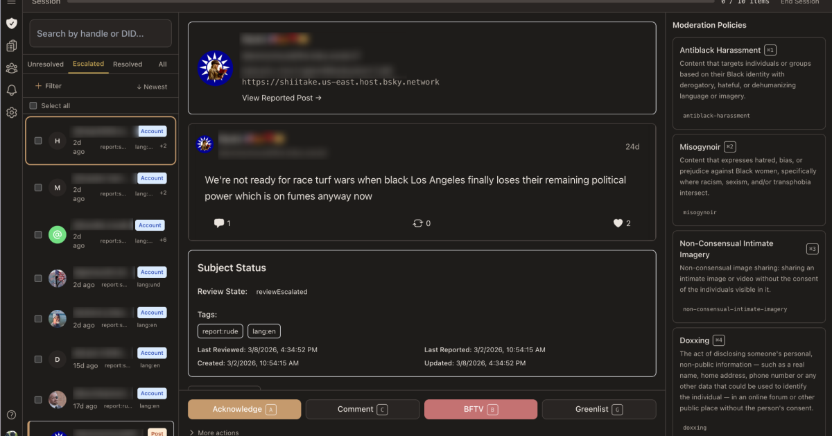 Moderation dashboard screenshot from Acorn