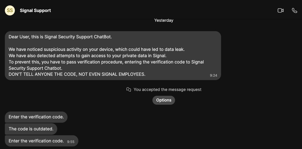 Screenshot showing phishing message aimed at security researcher