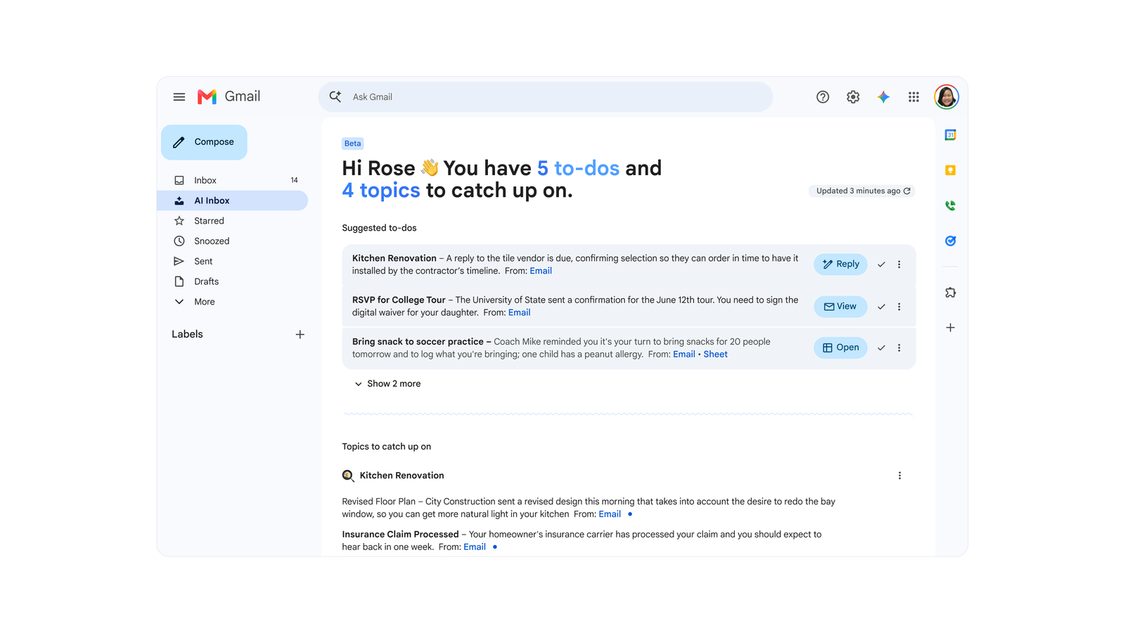 Google's new Gmail interface showcasing AI features