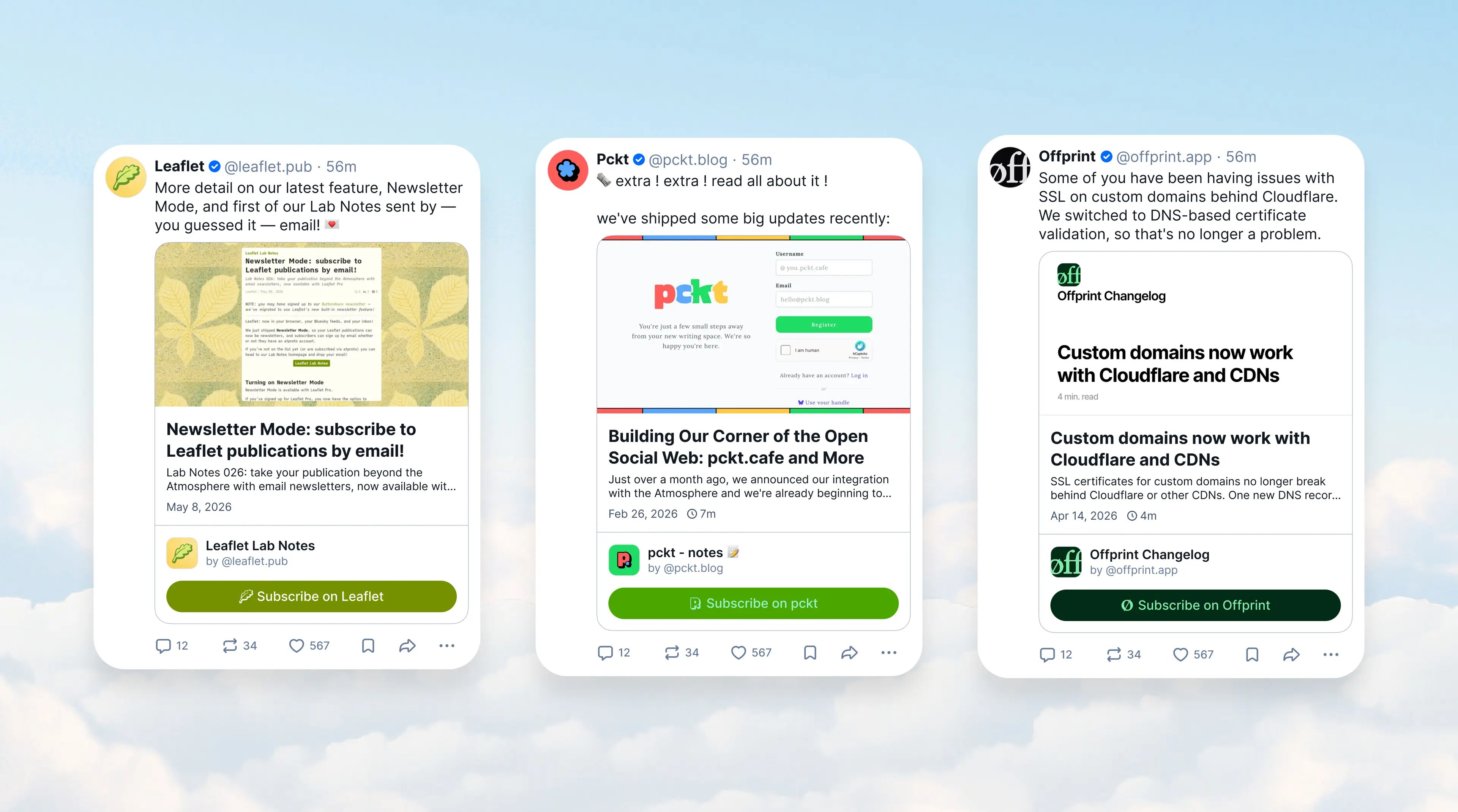 Bluesky app interface showcasing article previews