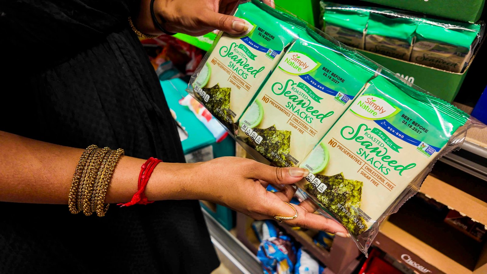 Supermarket shelves stocked with diverse global food products
