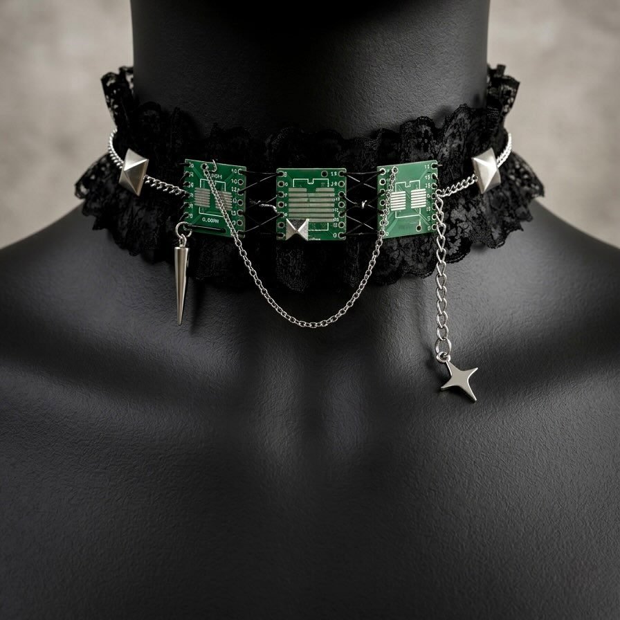 Close-up view showcasing macrame-style wiring on circuit board artwork 
