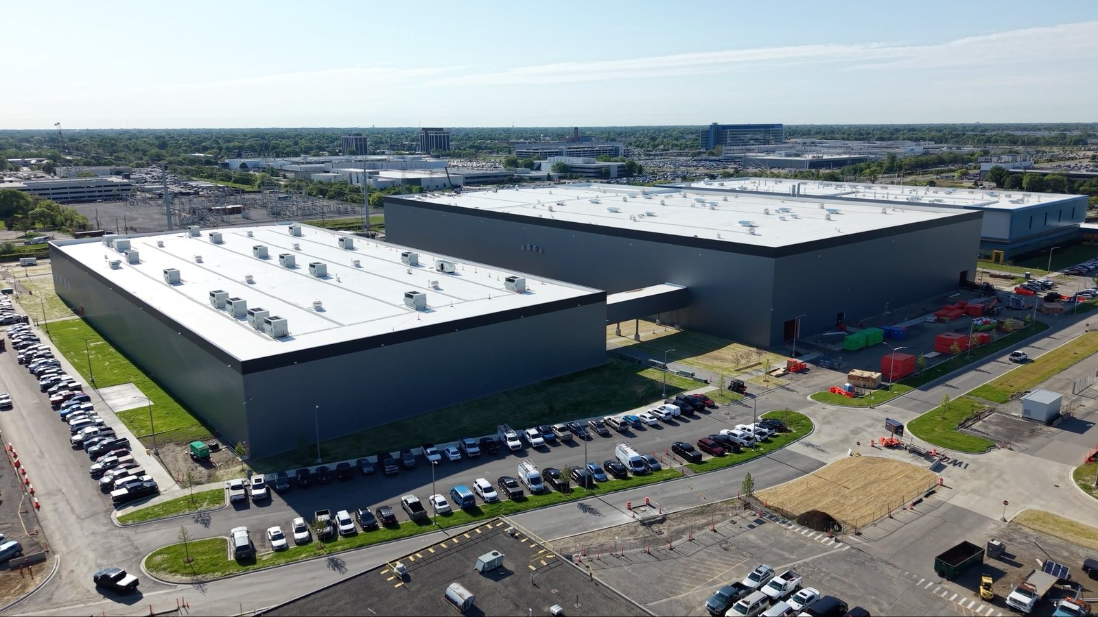 A drone takes a photo of GM's Battery cell Development Center.