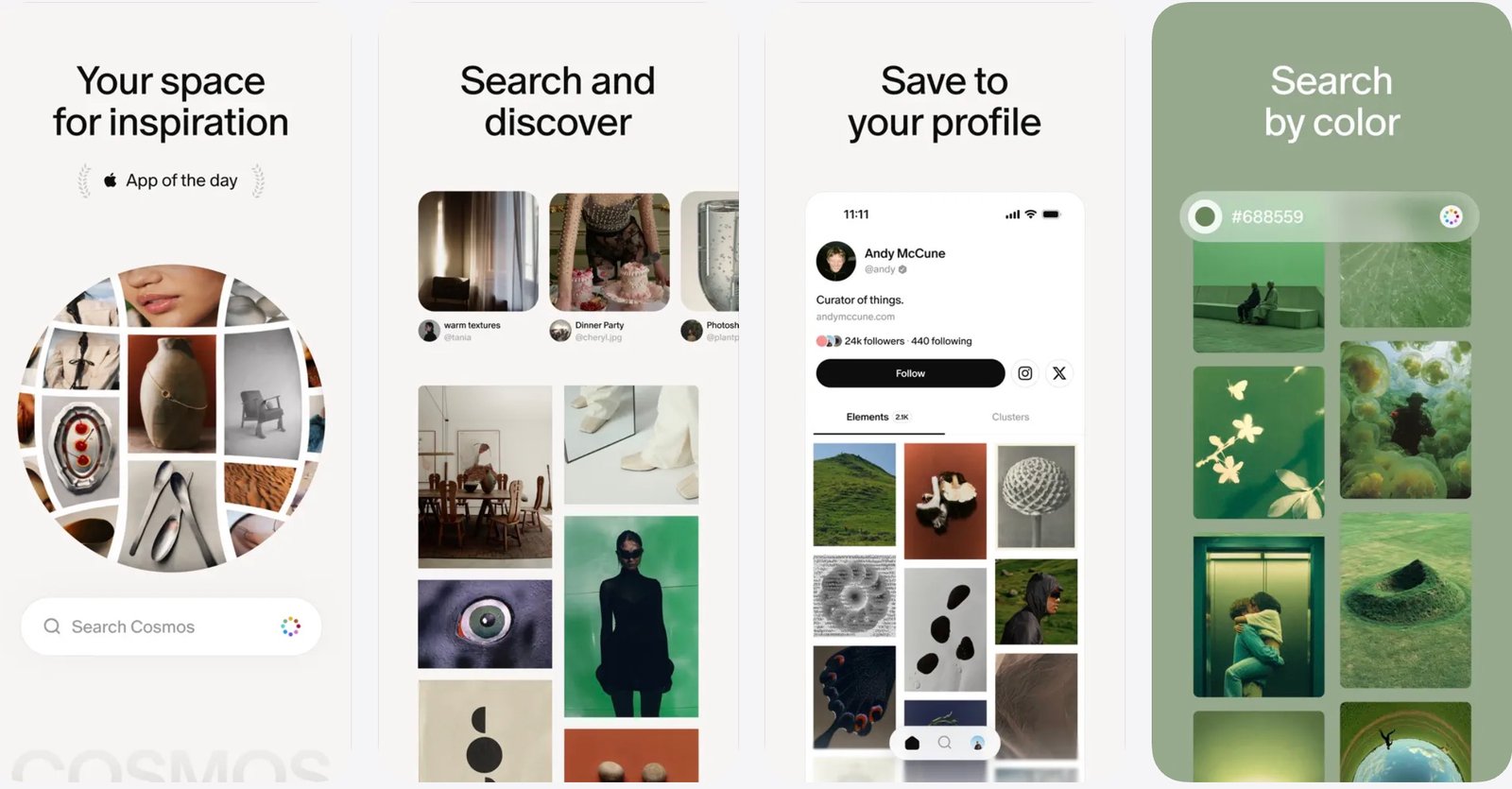 Cosmos app interface showcasing curated collections