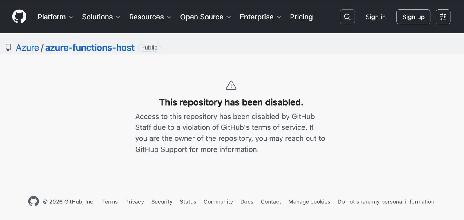 Screenshot showing disabled GitHub repository message indicating violation of terms of service