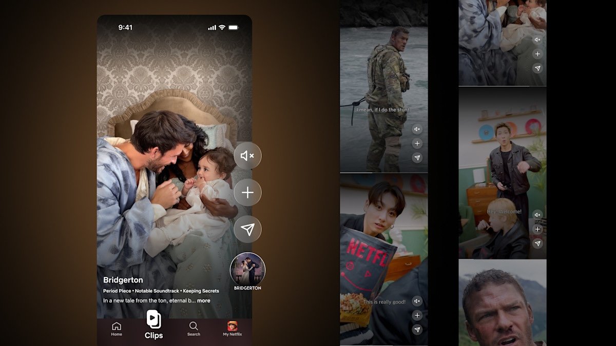 Screenshot showing various features of netflix's new mobile app including Clips feed