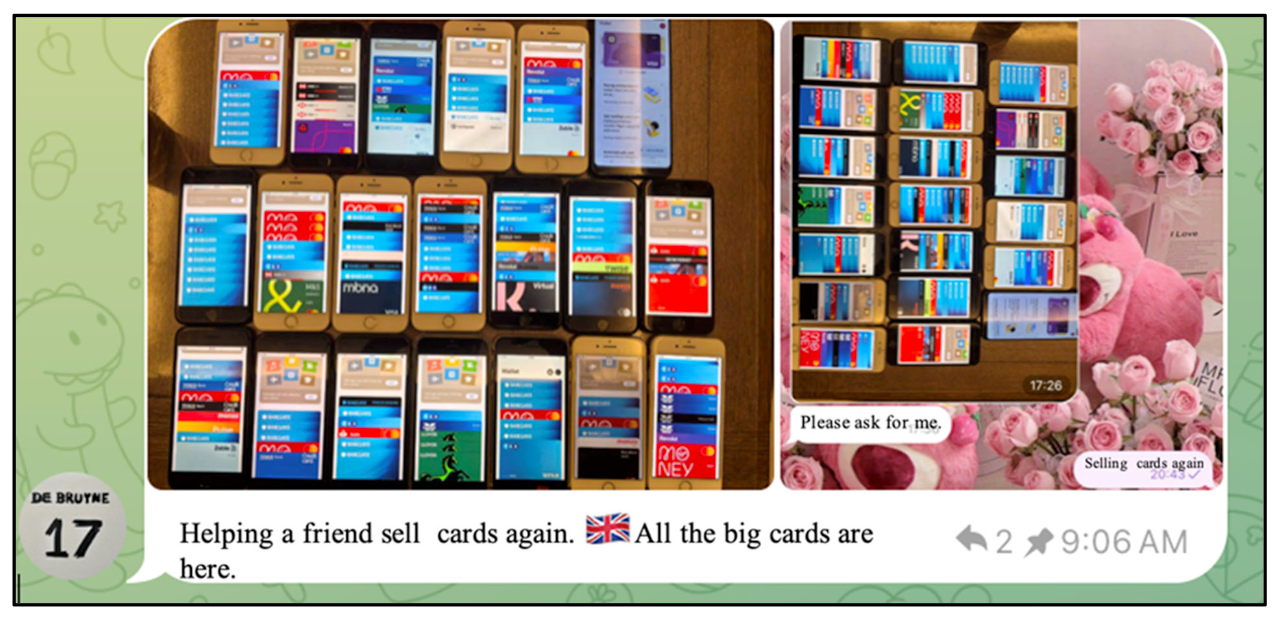 Telegram message advertising stolen credit cards across multiple phones