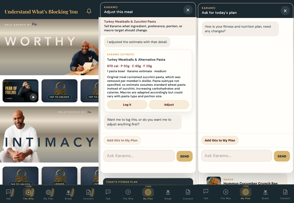 Kē app interface showing wellness features