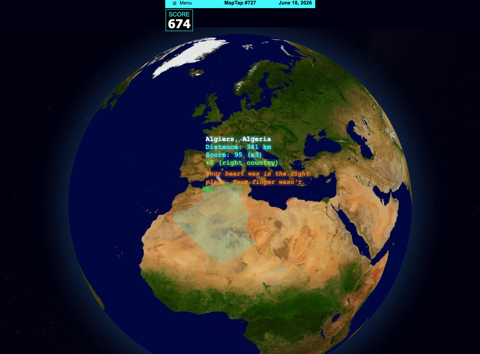 Screenshot of MapTap gameplay showing city guessing interface