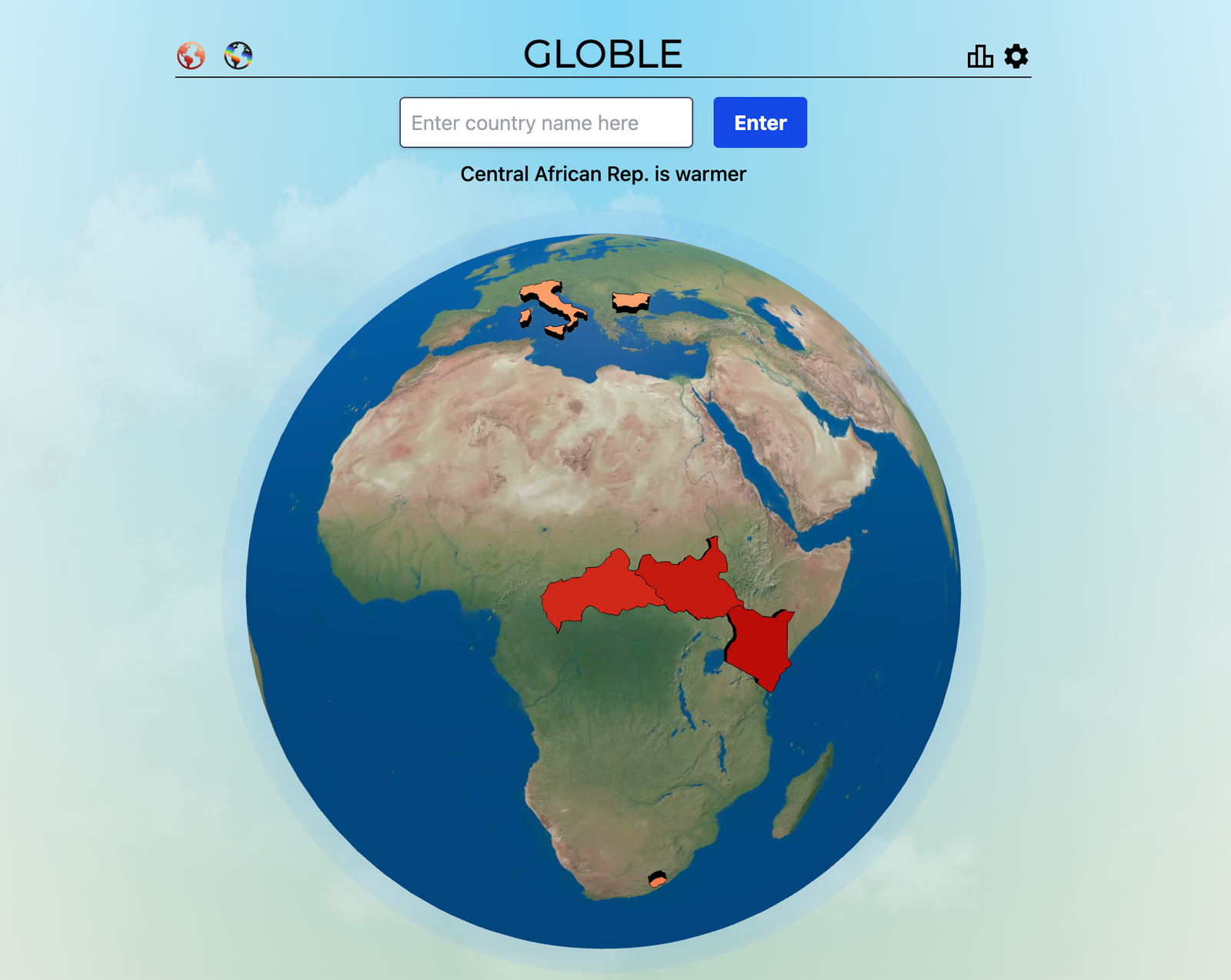 Globle game interface showing world heatmap guesses
