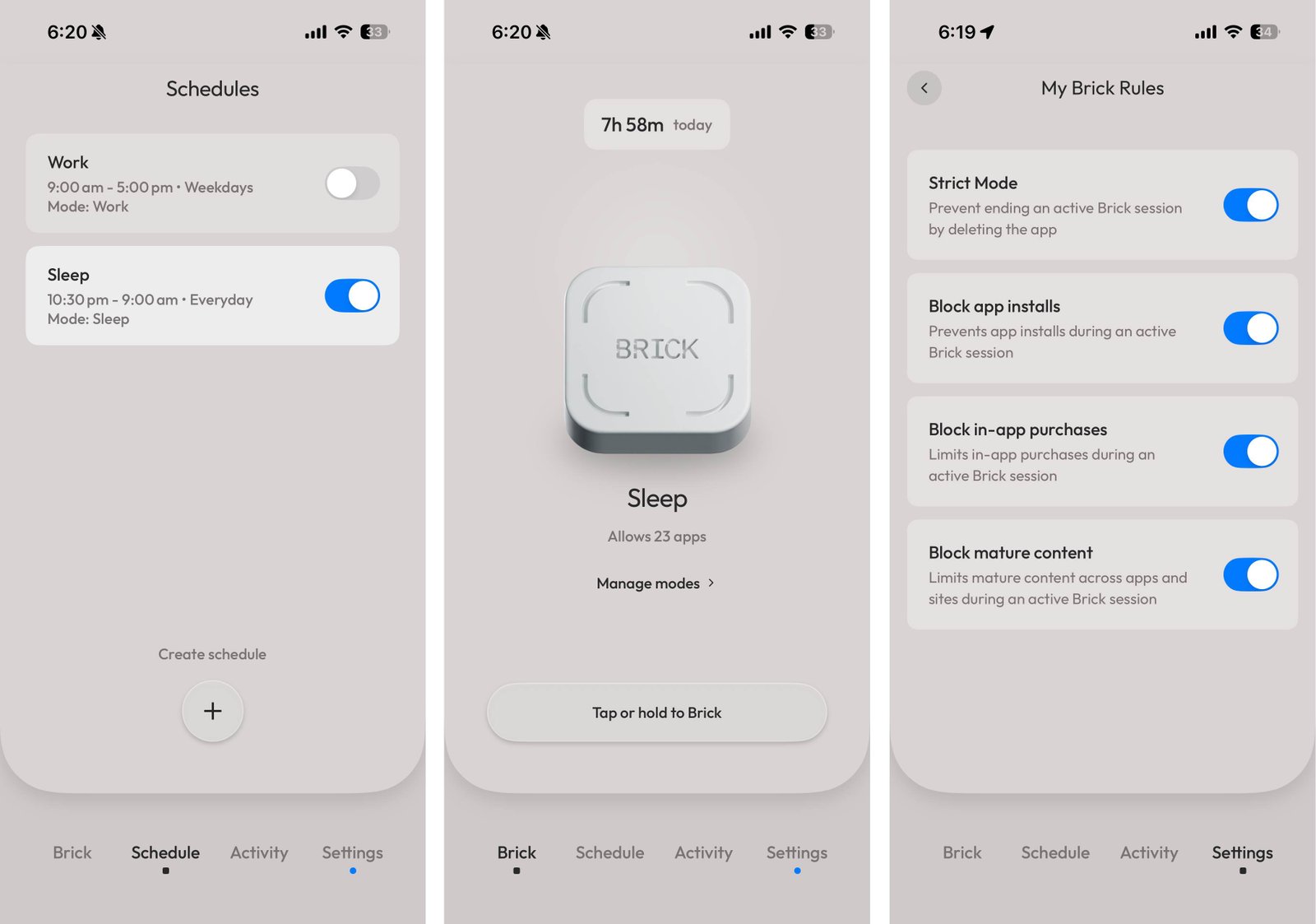 Screenshots showing customization options within the Brick app interface